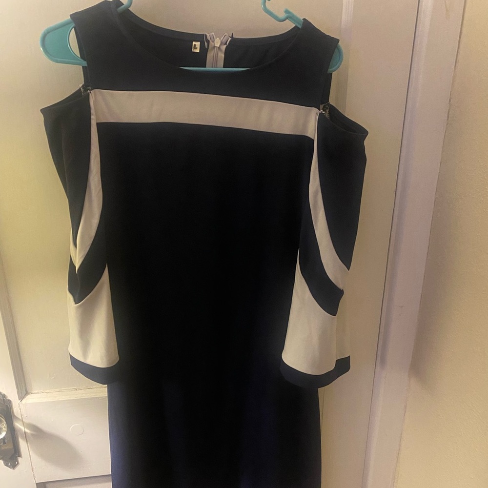 Blue and white above knee dress key hole bare shoulder cut outs